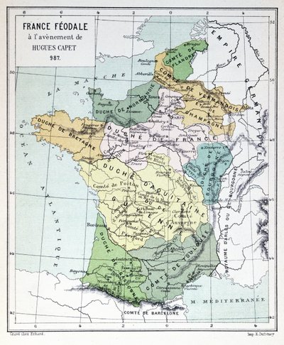 Francia Feudal en la época de la Ascensión de Hugo Capeto en 987, mapa ilustrado en una Historia de Francia c.1880 de French School