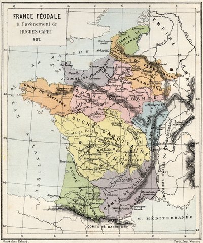 Feudalismo - Francia Feudal en el advenimiento de Hugo Capeto - 987 - grabado de “La historia de Francia contada a mis nietos” - por François Guizot - 1872-1876 de French School