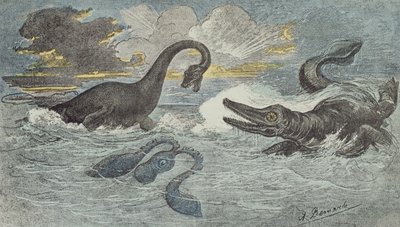 Lucha entre un Plesiosaurio y un Ictiosaurio en el período Liásico o Jurásico, 1880 de French School