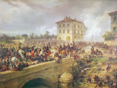 Lucha en el puente de Boffalora durante la batalla de Magenta, 4 de junio de 1859, c.1859 de French School