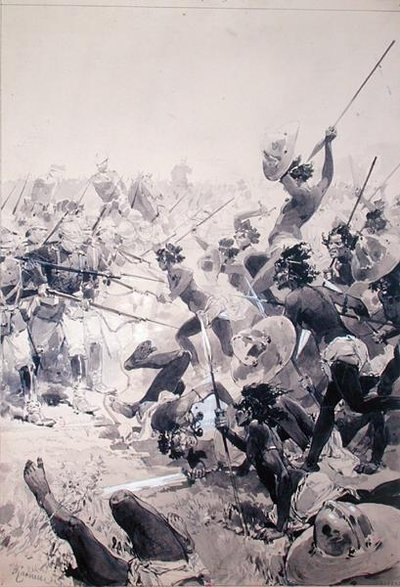 Lucha entre zulúes y soldados ingleses, c.1878 de French School