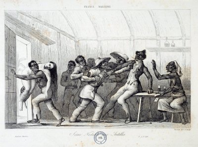 Pelea en una taberna en las Indias Occidentales, una joven mujer blanca es secuestrada por ladrones. Grabado del siglo XIX. Chartres, Museo de Bellas Artes de French School