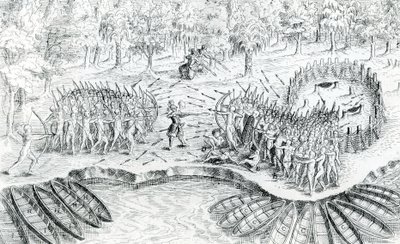 Lucha de Hurones, de Viaje de Champlain en 1624 por Samuel de Champlain de French School