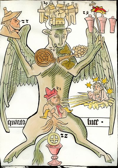 Figura que simboliza al evangelista San Lucas: un toro asociado con la ciudad de Jericó (o Jerusalén), un racimo de uvas, un profeta, el Cristo del Juicio Final aparece con estrellas y rayos de sol, un retrato de un judío, un cáliz. Grabado de 
