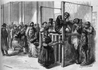 Fila de espera en una taquilla de la calle Mont Thabor en París para suscribirse al Empréstito Nacional de trescientos quince millones lanzado por el gobierno francés en 1864 de French School
