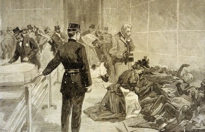 Incendio en el Bazar de la Caridad en París el 4 de mayo de 1897: después de la catástrofe, familias identificando a las víctimas en el Palais de l
