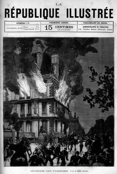 Incendio del Pabellón Flore en las Tullerías en París. Un periódico. Grabado de 1880 en "La republique illustree". Colección privada. de French School