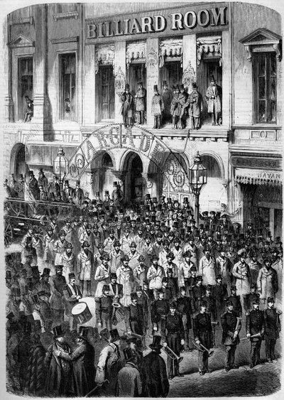 Bomberos en Nueva York preparándose para partir a Washington para felicitar al nuevo presidente de la Unión (James Buchanan). de French School