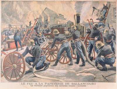 Bomberos combatiendo un incendio en una fábrica de papel en Ballancourt, de Le Petit Journal, 1905 de French School