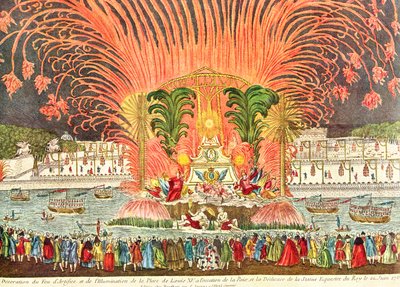 Exhibición de fuegos artificiales en la Place Louis XV con motivo de la dedicación de la estatua ecuestre del Rey, 20 de junio de 1763 de French School
