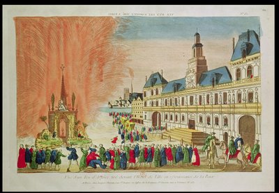 Fuegos artificiales frente al Hotel de Ville en París celebrando la Paz de Versalles, 1783 de French School
