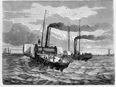 Primer intento de instalación de un conductor eléctrico de Dover a Calais (1851) - en “Album de la Ciencia; científicos ilustres; Grandes descubrimientos” 1896. de French School