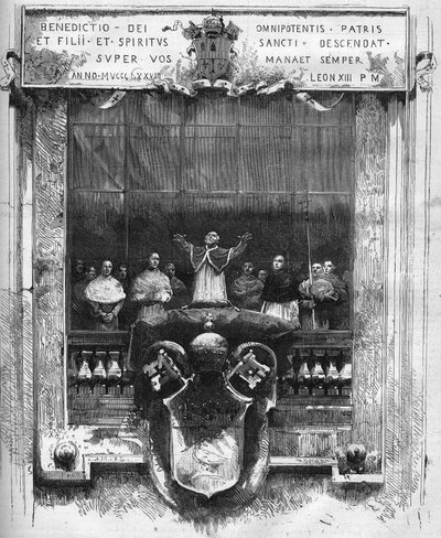 Primera bendición del Papa León XIII (Leone) (1810-1903) desde lo alto del podio interior de San Pedro el 20 de febrero de French School