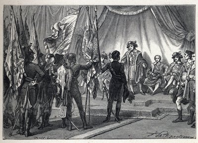 Primera coalición: Joachim Murat (1767-1815) presenta al Directorio Ejecutivo las banderas conquistadas por el ejército francés, comandado por Napoleón Bonaparte, durante la campaña italiana. Grabado de 1889. Colección privada. de French School