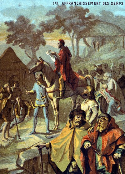 Primera liberación de los siervos (1315) por Luis X. Cromolitografía de la serie "Enseñanza patriótica a través de la imagen" de French School