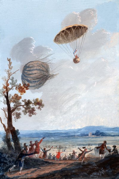 Primer hombre en descender en paracaídas, 22 de octubre de 1797, en Parc Monceau, París, c.1797 de French School