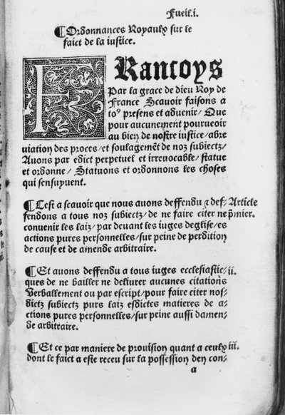 Primera página de la Ordenanza de Villers-Cotterets, 1539 de French School