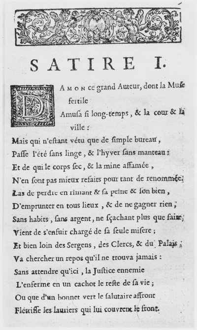 Primera página de Sátiras de Nicolas Boileau, conocido como Boileau-Despreaux, publicada en 1685 de French School