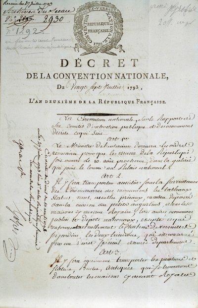 Primera página del decreto de la Convención Nacional del 27/07/1793 que establece el Palais du Louvre como museo de French School