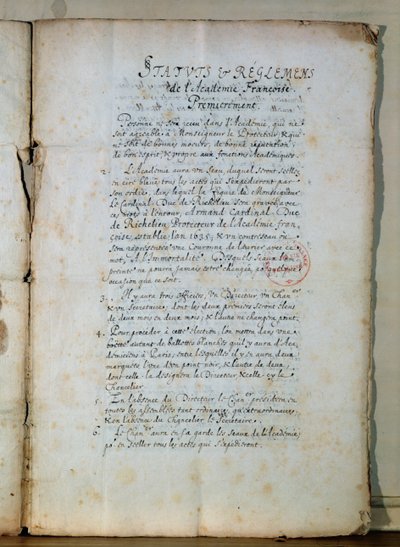 Primera página de los estatutos de la Academia Francesa, 1635 de French School