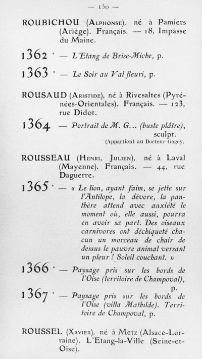 Primera participación de Le Douanier Rousseau en el Salón de Otoño, catálogo, página 150, París, 1905 de French School