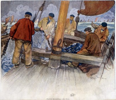 Pescadores vaciando una red a bordo de French School