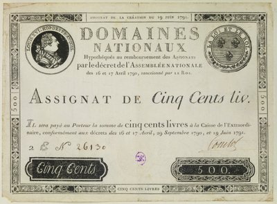 Billete de quinientos libros, 19 de junio de 1791 de French School