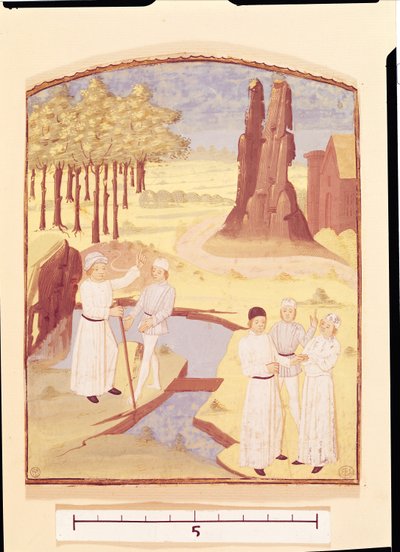 Cinco personas discutiendo sobre diseño de jardines, del Libro de los Beneficios Campestres de Pietro de Crescenzi (1230-132021) de French School