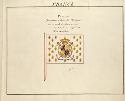 Bandera del Delfín y la Delfina, Luis Antonio y María Teresa de Francia, de Pavillons des Puissances Maritimes, c.1815-30 (grabado en color) de French School