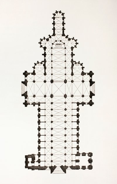Plano de la catedral de Notre Dame del siglo XIII en Rouen, Francia, de Les Arts au Moyen Age, publicado en 1873 de French School