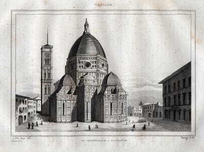 Catedral de Florencia - Vista de la Catedral de Florencia (Duomo Santa Maria del Fiore). La cúpula fue realizada por Filippo Brunelleschi alrededor de 1420-1436, Florencia, Italia. Grabado de "Italy Picturesque" - Tabla Histórica y Descriptiva de Italia po de French School