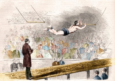 Número de trapecio volador por el acróbata francés Jules Leotard (1839-1870) en el Cirque de Napoléon (hoy, Cirque d
