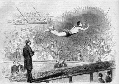 Número de trapecio volante por el acróbata francés Jules Leotard (1839-1870) en el Cirque de Napoléon (hoy, Cirque d