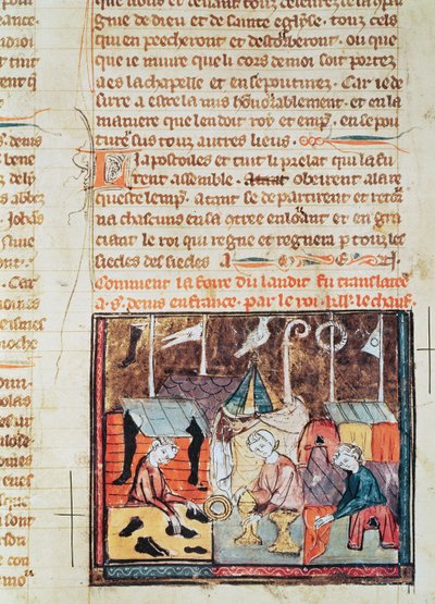 Fol.122v Comerciantes en la Feria de Lendit cerca de St. Denis, de las Grandes Crónicas de Francia, 1375-79 de French School