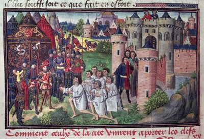 Fol.286v Cómo los habitantes de Babilonia entregaron las llaves de la ciudad a Alejandro Magno (356-323 a.C.) del manuscrito de Jean Vauquelin, de la Historia del Gran Alejandro, 1460 de French School