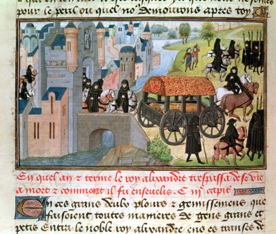 Fol.305v Cómo Alejandro Magno (356-323 a.C.) Falleció y Fue Enterrado, del manuscrito de Jean Vauquelin, de la Histoire du Grand Alexandre, 1460 de French School