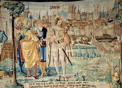 Fundación de la ciudad de París. El rey Francisco I (1494-1547) decidió establecer su capital permanente en París cuando regresó de la cautividad en 1527. Tapiz de 