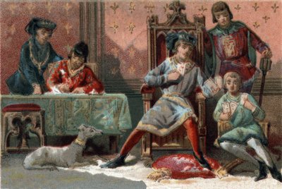 Para distraerse, el Rey de Francia Carlos VI (1368-1422) solía jugar a las cartas. Cromolitografía alrededor de 1890 de French School