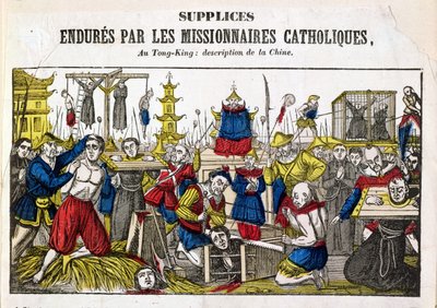 Formas de tortura soportadas por los misioneros católicos en Tonking, China, 1840 de French School