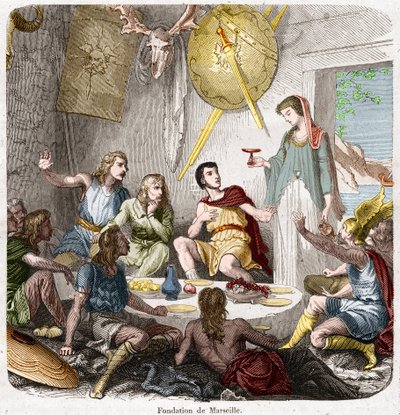 Fundación de Marsella en 600 a.C.: El día de la llegada de los marineros griegos, el jefe de los Nams organiza una comida durante la cual su hija Gyptis debe elegir a su esposo entregándole una copa. Los griegos fueron invitados de French School