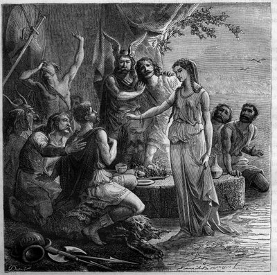 Fundación de Marsella en 600 a.C. - Fundación de Marsella, 600 a.C.: El día de la llegada de los marineros griegos, el jefe de los Nams organiza una comida durante la cual su hija Gyptis debe elegir a su esposo entregándole una copa. Los griegos fueron inv de French School