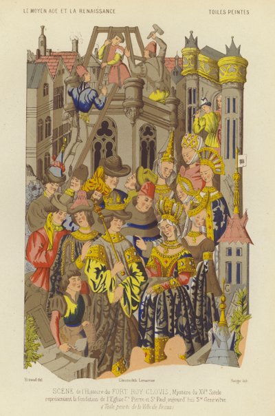 Fundación de la Abadía de Santa Genoveva, París, durante el reinado de Clodoveo, rey de los francos (chromolitho) de French School