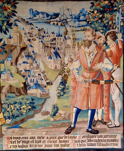 Fundación de la ciudad de Lyon: Lugdus nieto de Galathes, fundador de la Galia, con compañeros, detrás de él, la ciudad de Lyon en la confluencia del Ródano y el Saona, las montañas de los Alpes a lo lejos. Tapiz de "La fabulosa historia de la Galia de French School