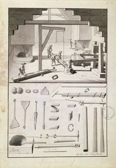 Fundición, dibujo para la Description des Arts et Métiers, por L. Simonneau, que inspiró a Diderot para la Encyclopédie de French School
