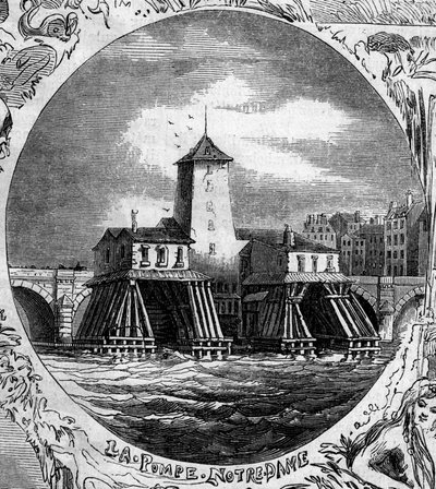 Fuente de París: vista de la Pompe Notre Dame (1676). Esta bomba hidráulica fue demolida en 1858. de French School