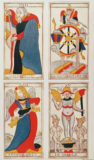Cuatro cartas del tarot que representan El Ermitaño, La Rueda de la Fortuna, La Templanza y El Diablo de French School