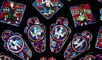Cuatro palomas, detalle de la ventana rosa norte, c.1223 de French School