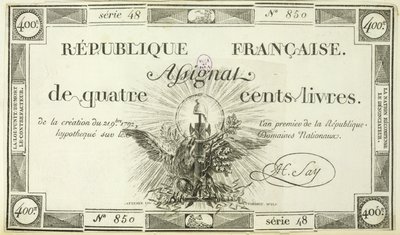 Billete de cuatrocientos libras, 21 de septiembre de 1792 de French School