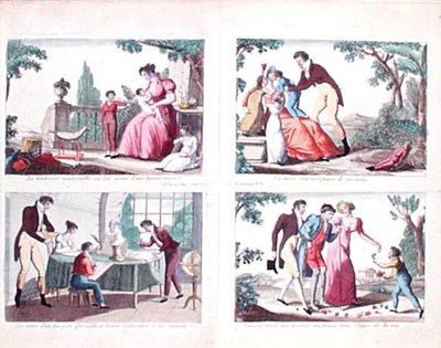 Cuatro escenas que representan responsabilidades parentales, principios del siglo XIX de French School