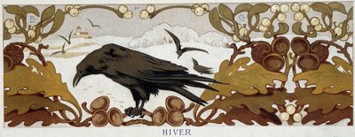 Las cuatro estaciones, invierno: cuervo en un roble - cromolitografía, finales del siglo XIX de French School